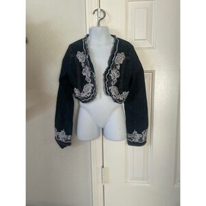 Y2K Mary-Kate and Ashley Girls Dark Wash Embroidered Denim Bolero Jacket M 7/8